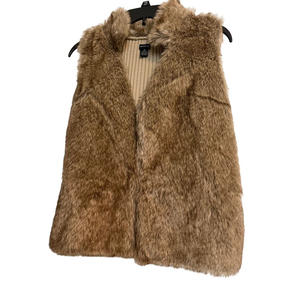 New Directions Faux Fur Ribbed Knit Vest Camel Tan Women's Petite PS